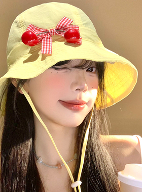 可爱蝴蝶结樱桃速干渔夫帽女夏季