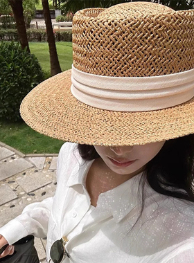 复古老钱风平顶草帽女夏海边度假