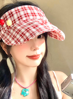红色格子空顶防晒帽女夏防紫外线