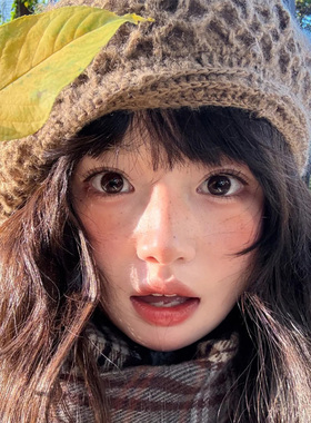 章若楠同款双层钩花针织贝雷帽女
