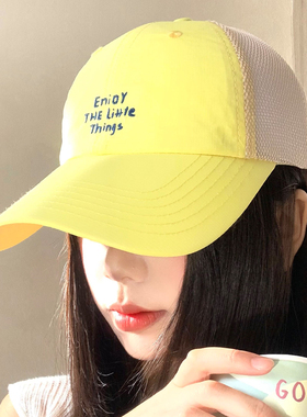 韩系黄色网格拼接棒球帽女夏薄款