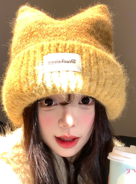 黄色猫耳朵针织帽女冬季可爱甜美