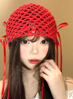 红色蝴蝶结串珠流苏包头帽女镂空