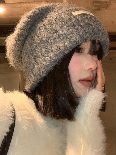 灰色毛线帽女秋冬季宽松大头围毛绒针织堆堆帽显脸小保暖羊毛帽子 - 图3