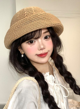 镂空针织翘沿贝雷帽女薄款透气