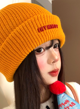 黄色字母针织帽女秋冬韩版显脸小