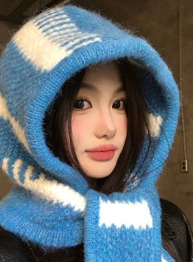 蓝色条纹巴拉克拉法帽女冬季韩版