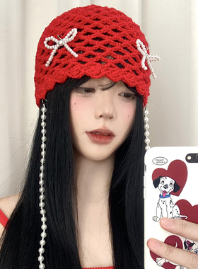 珍珠蝴蝶结可拆卸~红色包头帽