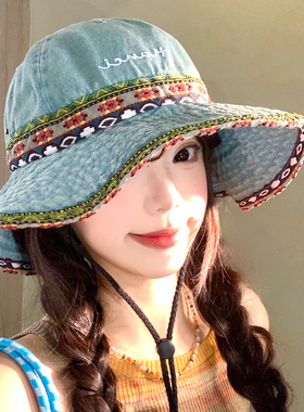 刺绣大帽檐渔夫帽女夏显脸小户外