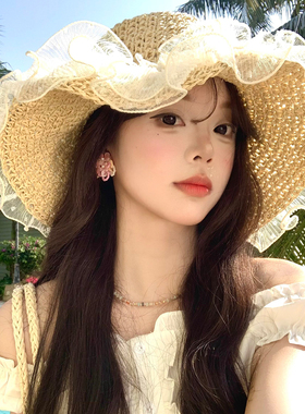 法式蕾丝花边草帽女夏季大帽檐