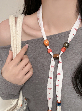 蝴蝶结串珠丝巾项链女设计感小众