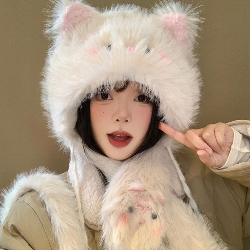 宝茵菲*KELUSI联名款 可爱猫咪耳朵护耳毛绒帽女冬季帽子围巾一体,淘宝优惠券,粉丝福利购,淘宝优惠卷