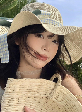 波浪边蝴蝶结编织草帽大帽檐海边
