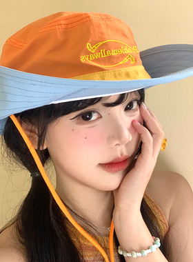 复古工装拼色字母渔夫帽女夏季