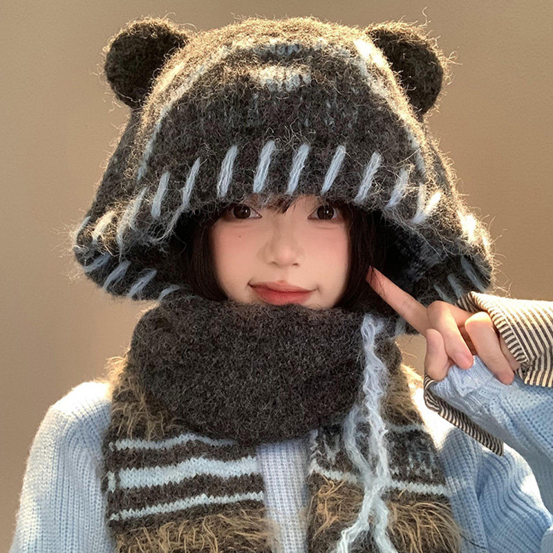 可爱小熊耳朵针织帽子围巾一体女冬季百搭显脸小毛线帽保暖护耳帽