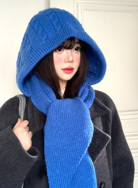 蓝色毛球针织巴拉克拉法帽女秋冬