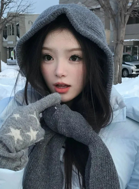 灰色连帽子围巾一体式女冬季保暖