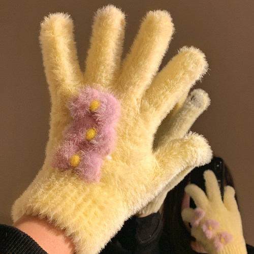 可爱多巴胺蝴蝶手套女冬季针织毛线毛绒加厚防寒保暖触屏骑车骑行 - 图3
