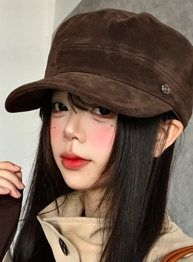 咖色麂皮绒马术帽美拉德复古文艺