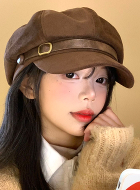 咖色麂皮绒贝雷帽女秋冬季显脸小