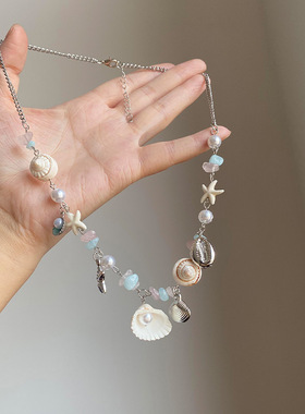 淡蓝色海星串珠项链女海边度假风