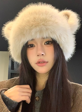 可爱小熊毛绒帽女秋冬季