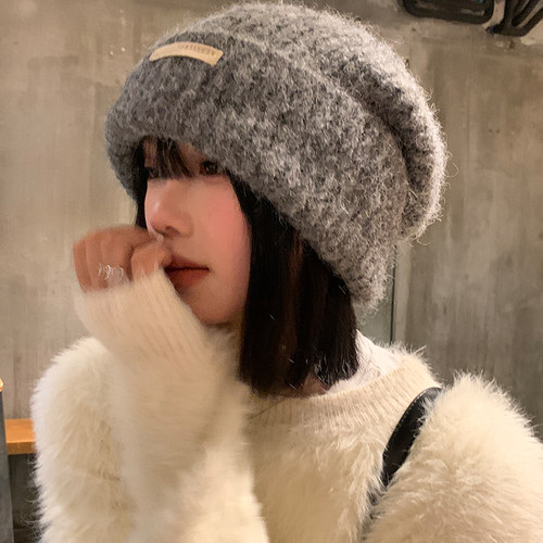 灰色毛线帽女秋冬季宽松大头围毛绒针织堆堆帽显脸小保暖羊毛帽子 - 图1