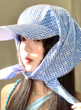 蓝色格纹花朵头巾帽女春夏显脸小