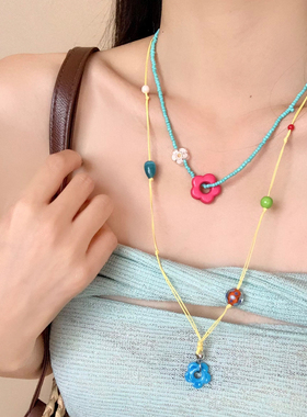 多巴胺小花串珠项链长款甜美小众