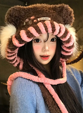 咖色可爱猫耳朵毛绒帽女秋冬季