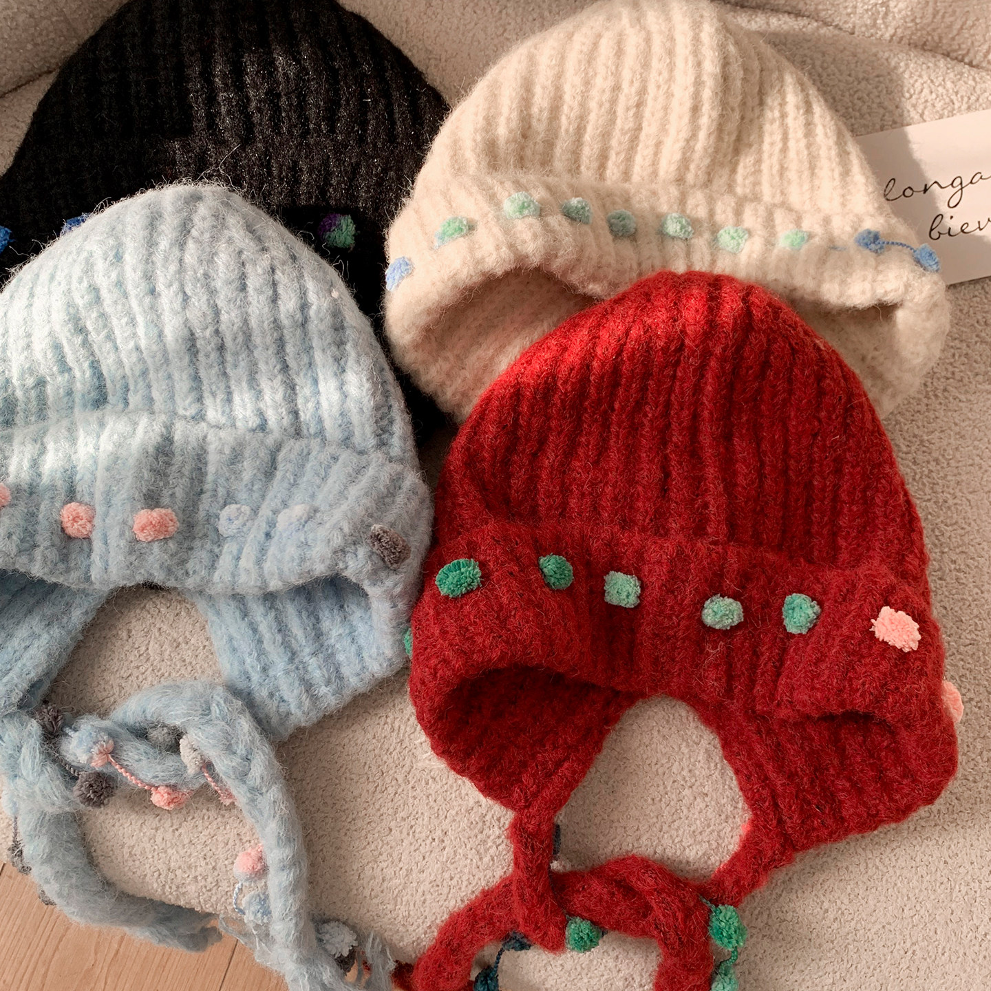 毛球流苏系带红色针织护耳帽女冬季显脸小毛线帽保暖防寒套头帽子,淘宝优惠券,粉丝福利购,淘宝优惠卷