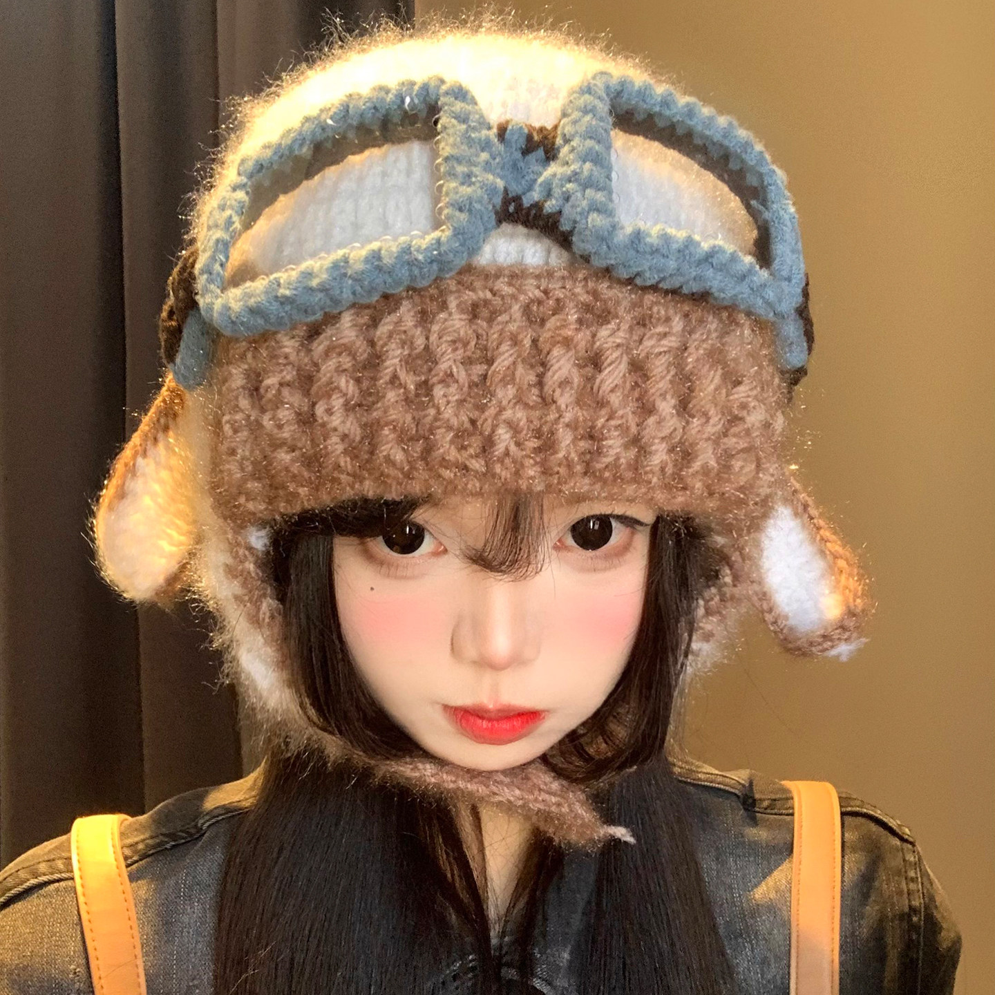 可爱小羊耳朵眼镜飞行帽子女冬季显脸小雷锋帽保暖防寒针织护耳帽,淘宝优惠券,粉丝福利购,淘宝优惠卷