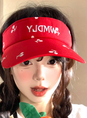 甜美红色樱桃字母刺绣空顶帽女夏