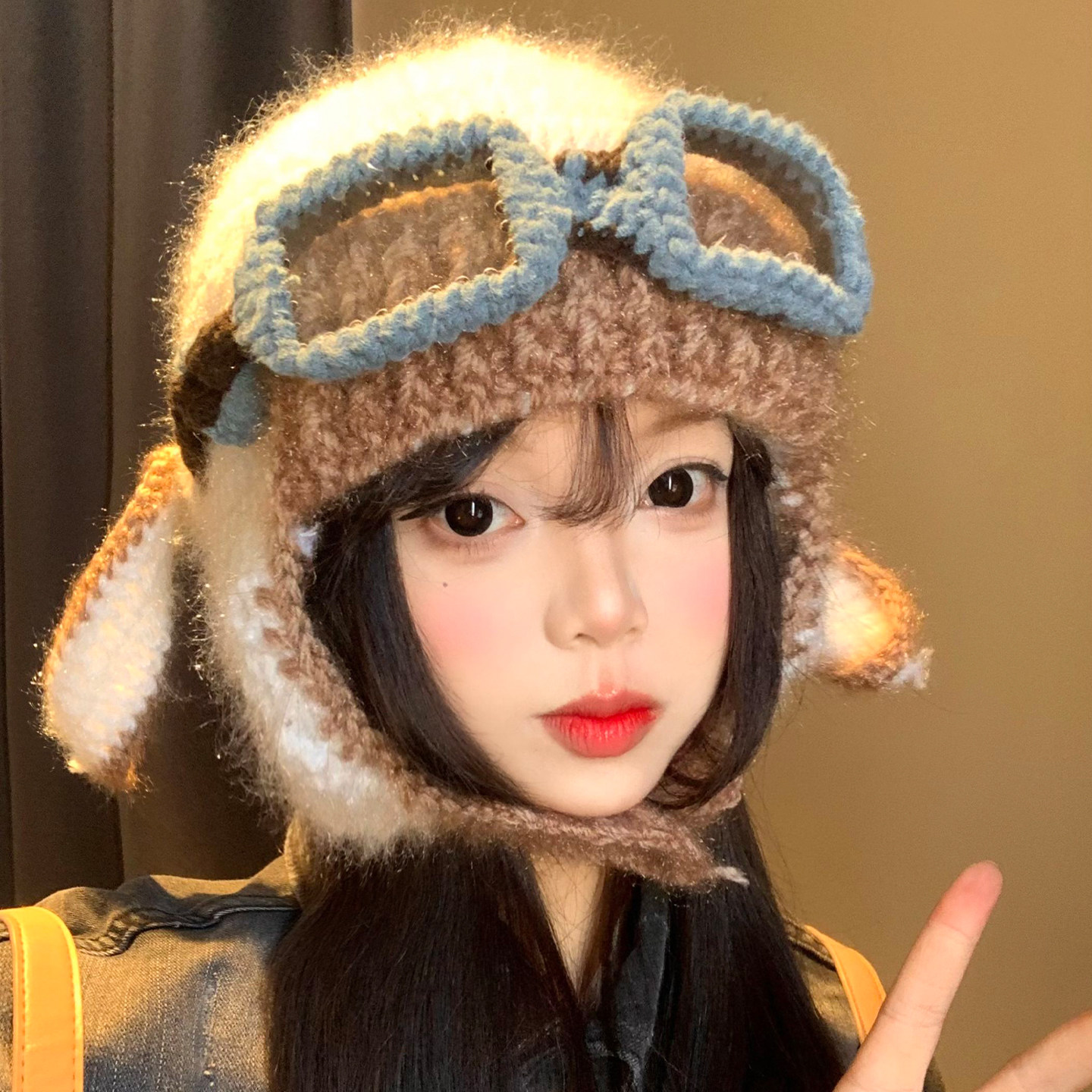 可爱小羊耳朵眼镜飞行帽子女冬季显脸小雷锋帽保暖防寒针织护耳帽,淘宝优惠券,粉丝福利购,淘宝优惠卷