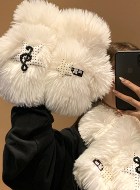白色星星毛绒手套女冬季连指全包