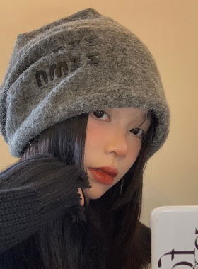 含羊毛灰色堆堆帽女秋冬季