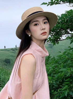 法式平顶草帽女夏大头围遮阳帽子