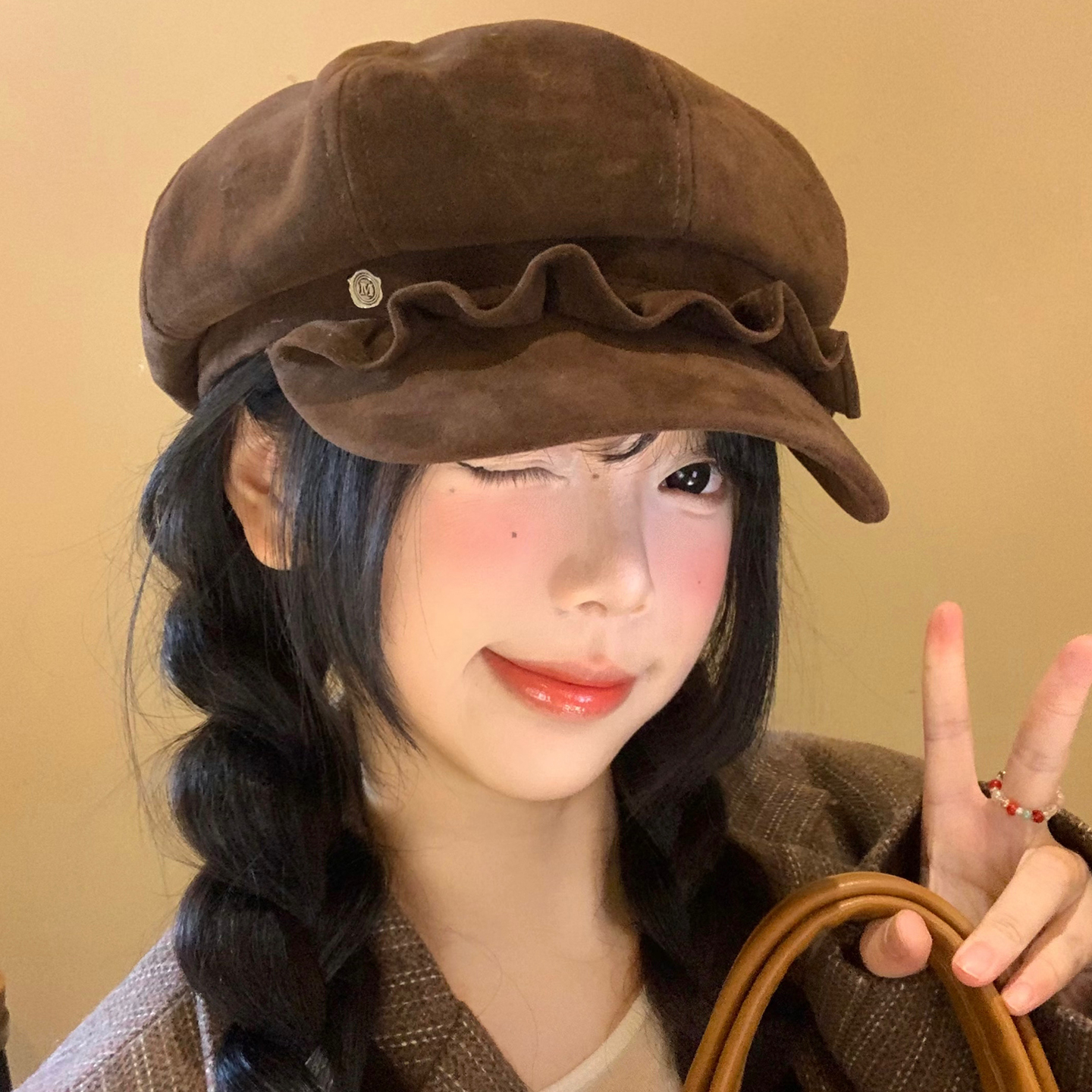 麂皮绒褶皱边贝雷帽女秋冬季美拉德复古八角帽大头围报童画家帽子 - 图2