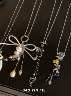 银色编织爱心丝带包包项链女长款