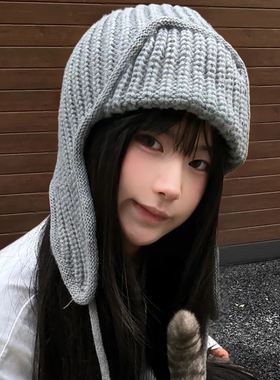 灰色系带针织飞行帽女冬季显脸小