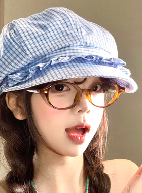 复古格纹花边蓝色八角贝雷帽女