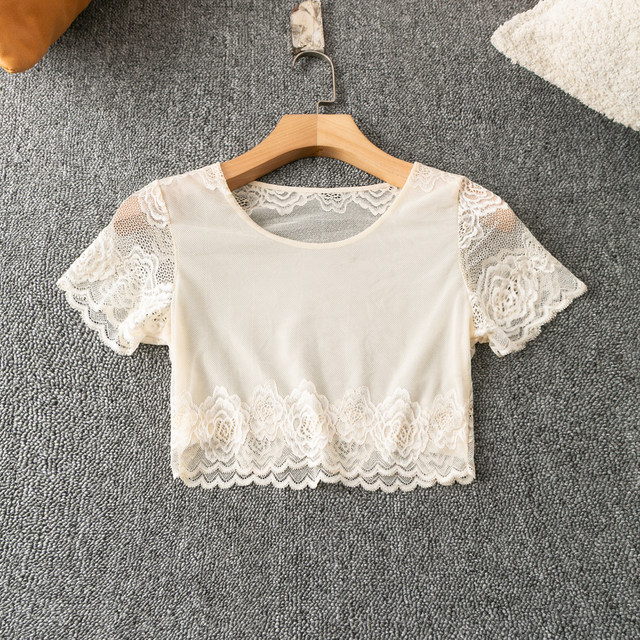 ເສື້ອຢືດ lace lace pullover ຄໍສັ້ນແຂນສັ້ນງ່າຍດາຍ