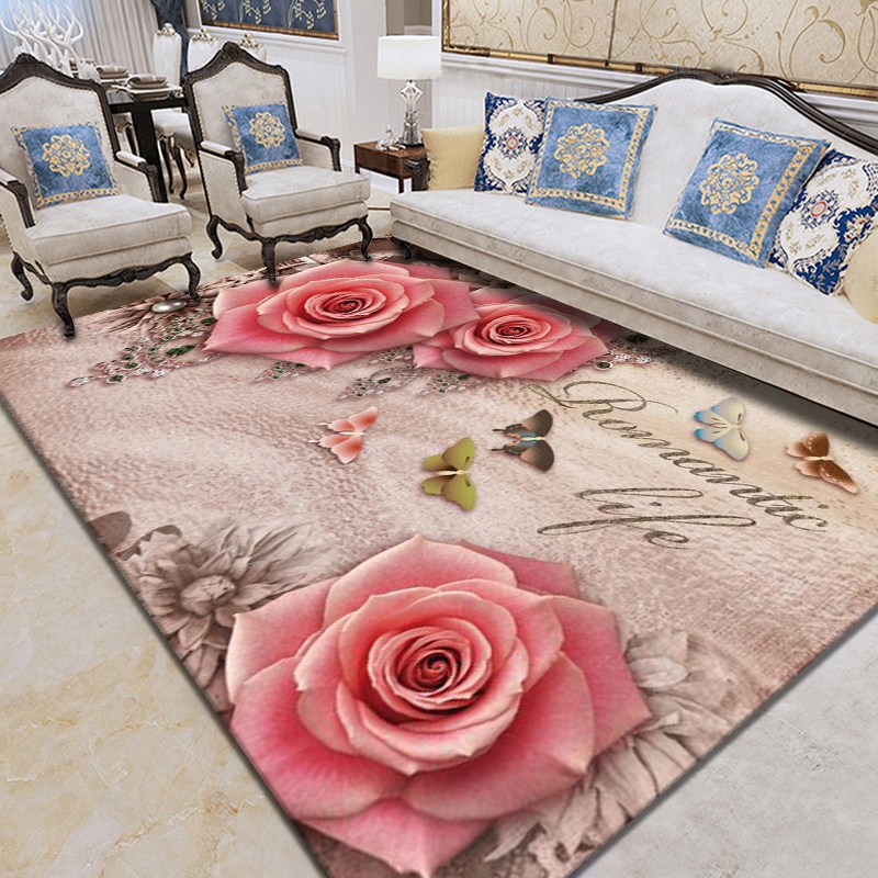 网红玫瑰花家用现代简约田园粉色地毯卧室床边毯客厅茶几地垫门垫