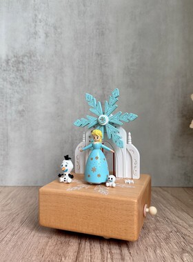 公主小雪人八音盒风车旋转音乐盒木质家居桌面摆件礼品木质工艺品