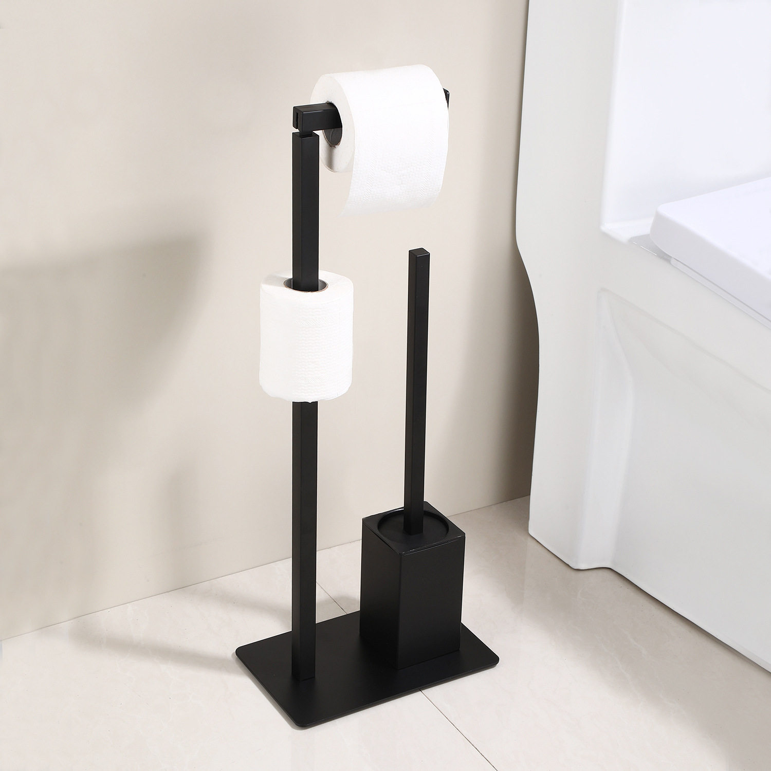 Stainless steel punch-free paper towel holder cross-border two-in-one standing paper roll holder cleaning brush floor-standing toilet brush