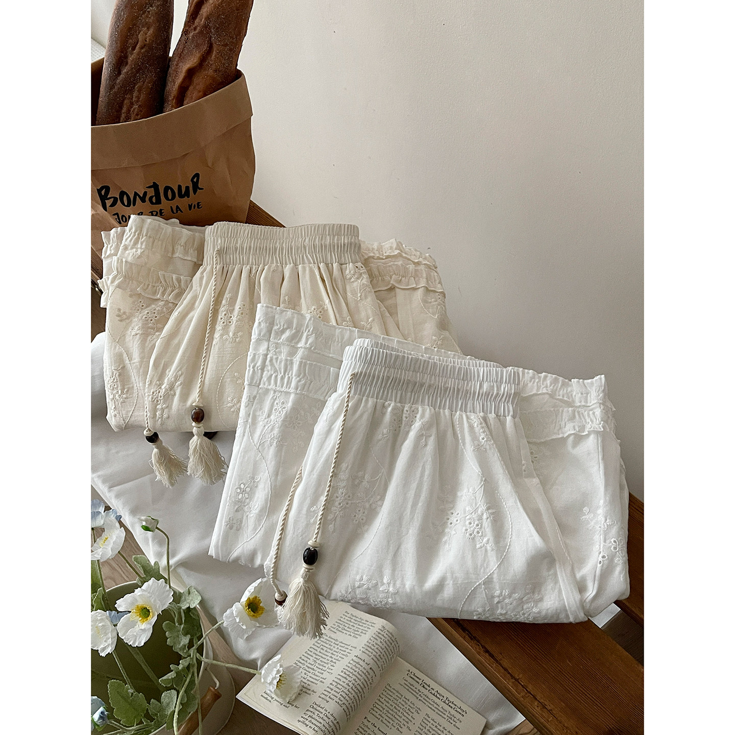 法式复古镂空蕾丝木耳花边棉阔腿裤女夏日韩系度假风甜美休闲裤子,淘宝优惠券,粉丝福利购,淘宝优惠卷