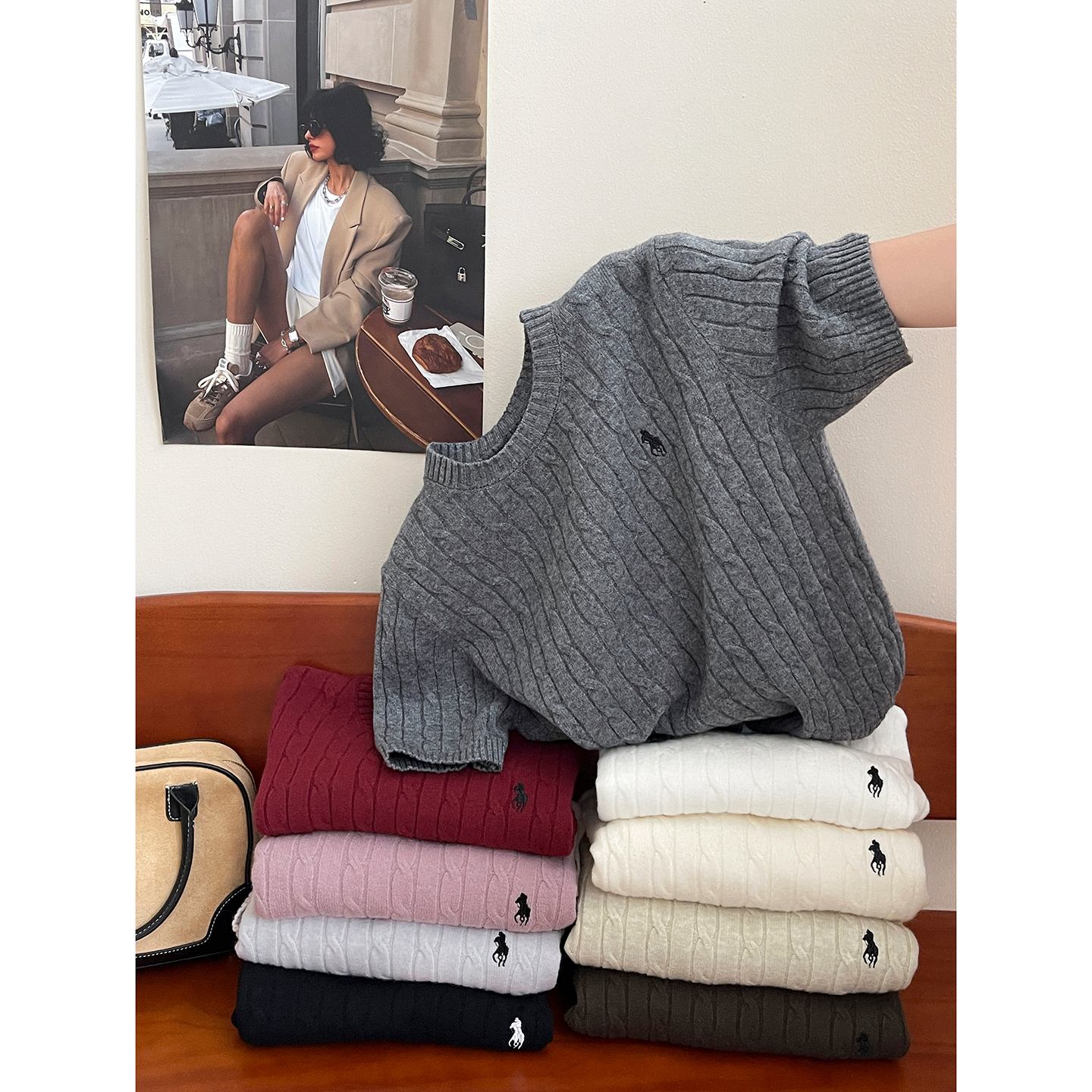 日韩系复古老钱风马刺绣羊绒麻花针织衫女秋内外百搭叠穿打底毛衣 - 图0