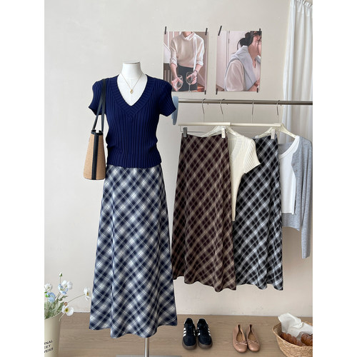 日韩系复古格纹鱼尾半身裙女春夏法式度假风洋气质包臀a字长裙子 - 图1