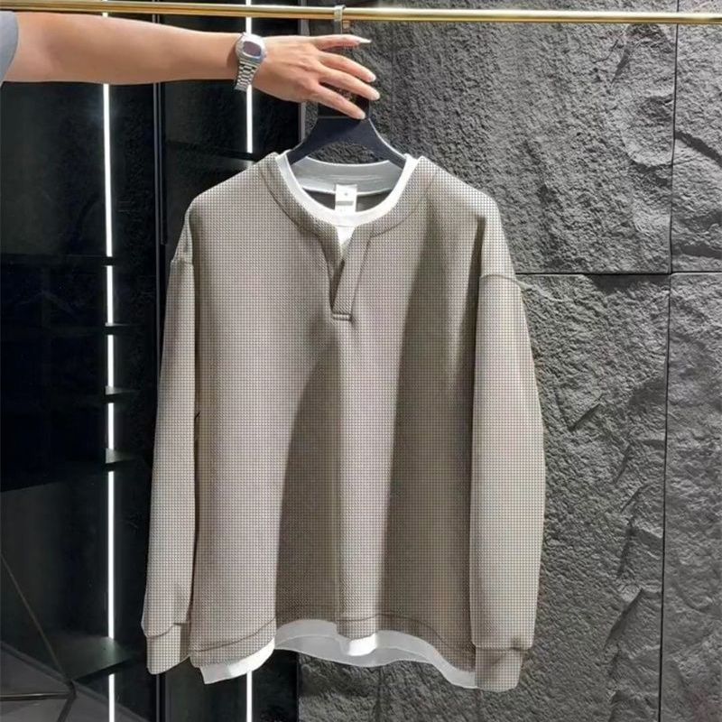 春季亨利领假两件长袖T恤衫拼接撞色男时尚百搭休闲痞帅美式上衣 - 图3