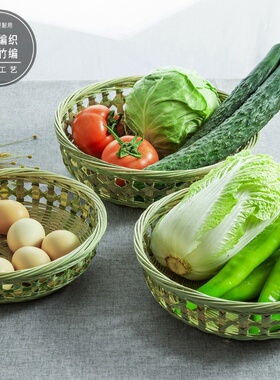 竹编镂空零食收纳篮圆形水果篮收纳竹筐鸡蛋家用水果盘手工
